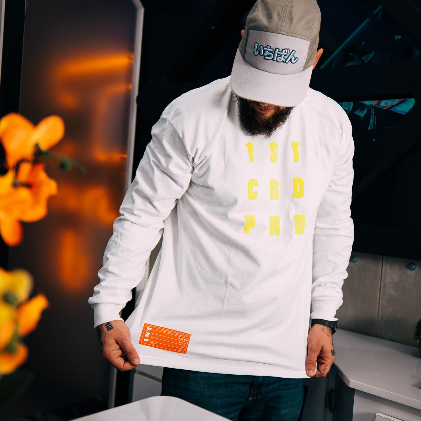 1ST White "CRDPRN" Long Sleeve Tee